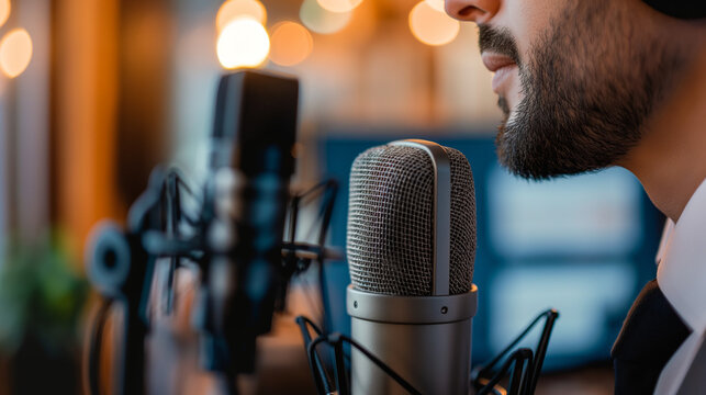 businessman talking on podcast microphone, business person sharing his experience or success story concept, entrepreneur speaking on mic