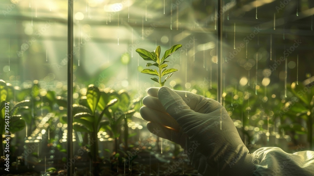 Aufkleber a hand in a white lab glove gently holds a delicate sprout labeled experiment #1 in front of a miste