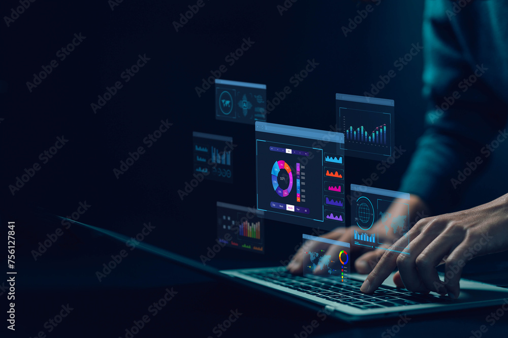 Fototapete analyst manages the system database, and analysis data plans, and reports. shows a dashboard chart o