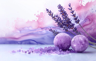Sea salt, soap effervescent balls with lavender, watercolor illustration for design.