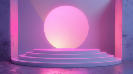 A large pink sphere sits on a stage with a pink background