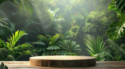 A wooden platform with a round shape in a jungle setting