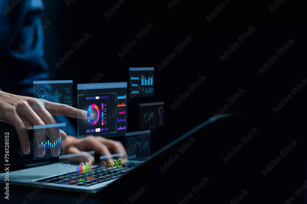 Poster analyst manages the system database, and analysis data plans, and reports. shows a dashboard chart on the computer. research on platform digital technology. analytics business concept