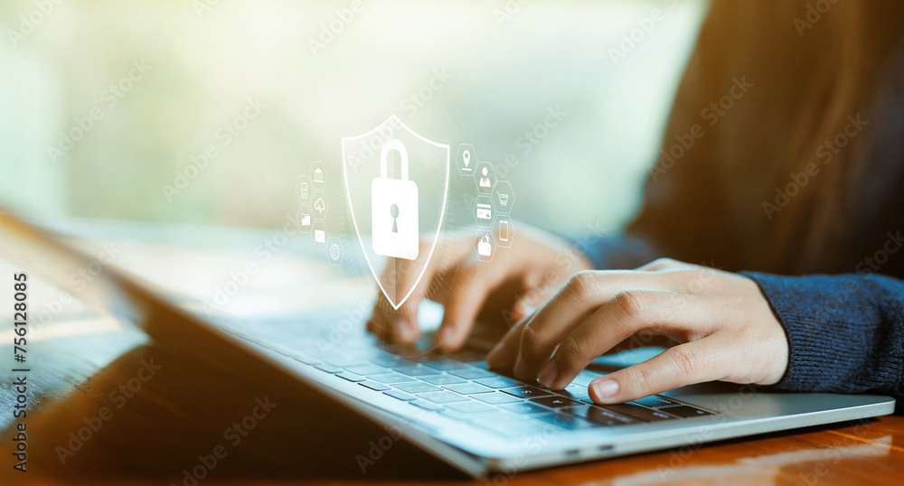 Poster cybersecurity internet, password security, and privacy on an online system. lock mark protects attac
