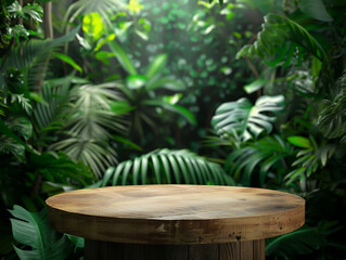 Fototapeta na wymiar A wooden table with a round top in a jungle setting