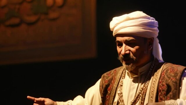 A storyteller in traditional Arabian attire reciting tales from the "One Thousand and One Nights