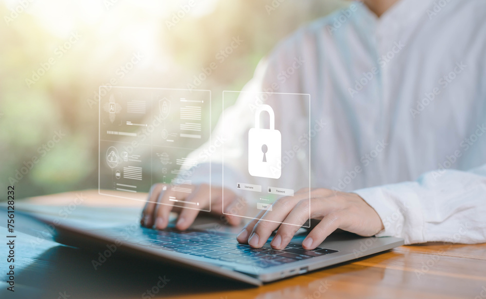 Poster cybersecurity internet, password security, and privacy on an online system. lock mark protects attac