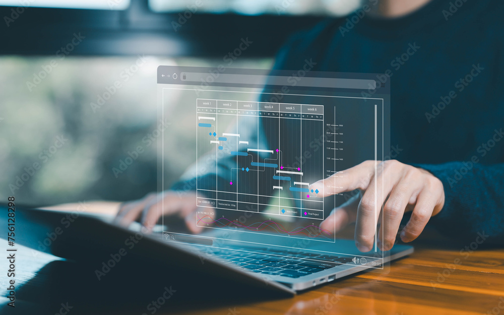 Poster project planner in software, updating and managing milestones on a timeline Gantt chart in technology online. schedule plan management work update and workflow. concept appointment staff of business