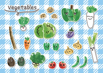 手描き水彩の可愛い顔の野菜のセット_背景ギンガムチェック柄
