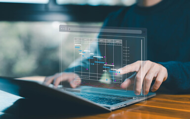 project planner in software, updating and managing milestones on a timeline Gantt chart in...