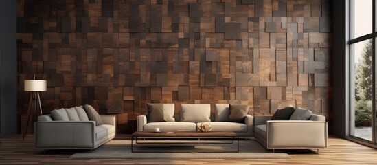 A living room with two couches, a coffee table, and a wooden wall offers a cozy atmosphere with natural elements like wood and plants - obrazy, fototapety, plakaty