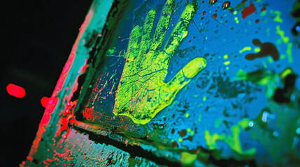 A closeup of a photoluminescent safety sign shows intricate details of the pigments which absorb light and emit a bright greenishblue glow in emergency situations. The sign