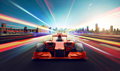 Fototapeta premium Race car racing on speed track with city street background. light trail and motion blur effect. 3D Rendering.