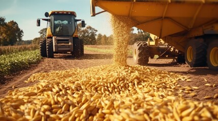 Combine harvester unloading corn on a field in autumn - obrazy, fototapety, plakaty