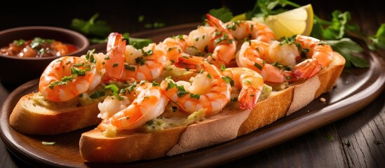 A delicious dish of shrimp on a slice of bread on a plate. This Californiastyle pizza ingredient combines seafood and baked goods for a unique cuisine experience - obrazy, fototapety, plakaty