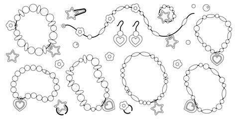 Beads bracelets, ring, earrings black and white.Cartoon bracelets made of beads different shapes. Children's plastic jewelry on wrist. Retro bracelets isolated on white background.