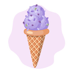 Lavender ice cream. Three balls of creamy sweet dessert in a waffle cone. Purple sorbet. Vector illustration on white background.