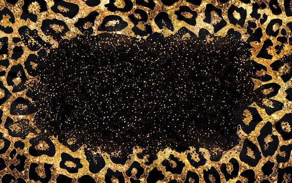 Frame leopard gold glitter border on black background.