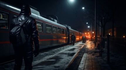 At night, at the train crossing, a train passes by. The barrier is lowered, and a motorcyclist is waiting for the train to pass - obrazy, fototapety, plakaty