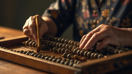 Close up of a woman using a wooden abacus to count numbers - obrazy, fototapety, plakaty