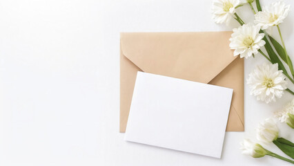 White flowers and envelope on white background