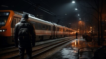 At night, at the train crossing, a train passes by. The barrier is lowered, and a motorcyclist is waiting for the train to pass - obrazy, fototapety, plakaty