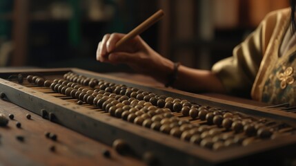 Close up of a woman using a wooden abacus to count numbers - obrazy, fototapety, plakaty