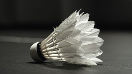A closeup of the shuttle its white feathers standing out against the dark backdrop of the badminton court.