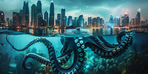 Giant Monster Octopus underwater of the sea with city background above it at  sunset