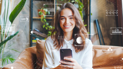 Woman in a cozy room interacting with a futuristic smart home interface. Digital and AI in Asia market concept.