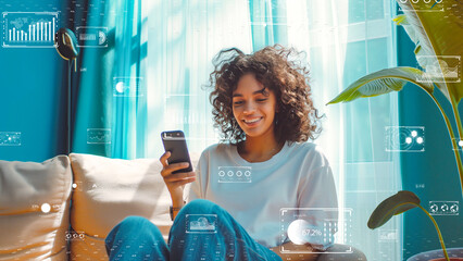 Woman in a cozy room interacting with a futuristic smart home interface. Digital and AI in Asia market concept.
