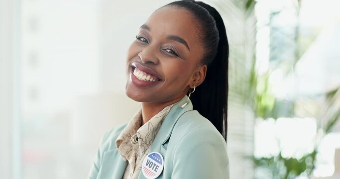 Vote, pin and face of a black woman with badge for election and voting decision with smile. Registration, portrait and campaign assistant with political job and government administration to register - Powered by Adobe