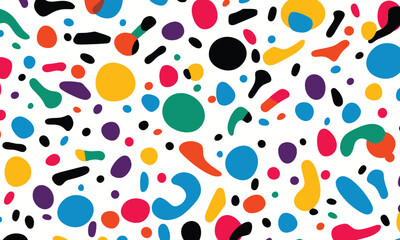 Fototapeta premium Seamless Pattern, White Background, Colorful Sprinkles and Question Marks, 1980s Style, Simple Design, Flat Vector, Simple Shapes, Simple Lines, in the Style of 80s