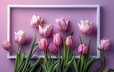 Composition. frame pink tulip flower on ​bright pastel background. Mockup product presentation. advertisement. copy space.