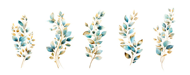 A set of five hand-painted watercolor branches with leaves, a range of blue, turquoise and gold hues, isolated on a white background, perfect for elegant design themes - obrazy, fototapety, plakaty