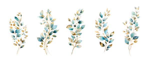 A set of five hand-painted watercolor branches with leaves, a range of blue, turquoise and gold hues, isolated on a white background, perfect for elegant design themes