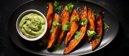 A dish featuring a black plate with sweet potato wedges and guacamole, a delicious combination of food ingredients and green sauce