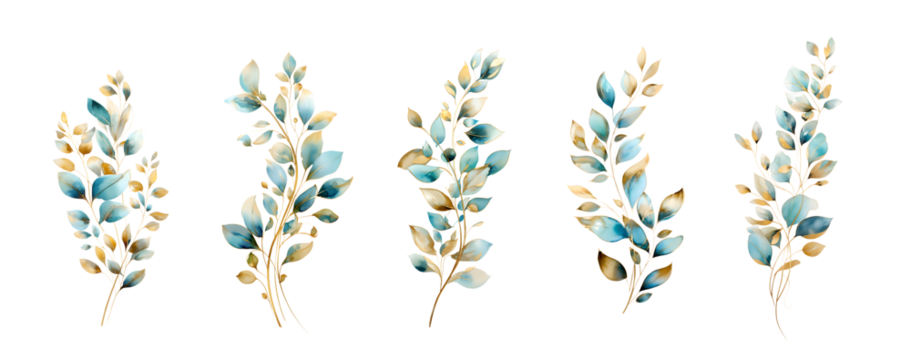 A set of five hand-painted watercolor branches with leaves, a range of blue, turquoise and gold hues, isolated on a white background, perfect for elegant design themes