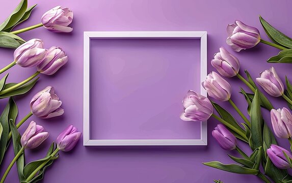 Composition. frame purple tulip flower on ​bright pastel background. Mockup product presentation. advertisement. copy space.