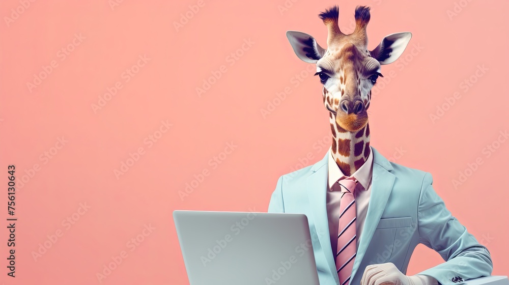 Aufkleber giraffe in suit using a laptop while working on bright pastel background. advertisement. presentatio