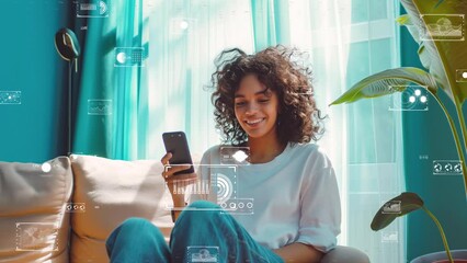 Woman in a cozy room interacting with a futuristic smart home interface. Digital and AI in Asia market concept. - Powered by Adobe