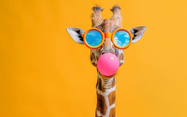 Giraffe blowing bubble gum wearing sunglasses portrait on bright pastel background. presentation. advertisement. invitation. copy text space. - obrazy, fototapety, plakaty