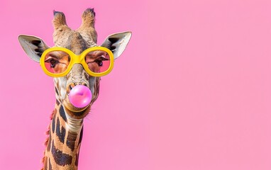 Giraffe blowing bubble gum wearing sunglasses portrait on bright pastel background. presentation. advertisement. invitation. copy text space.