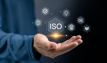 ISO Certification and standardization process concept. Certificate, Approval, Compliance to...