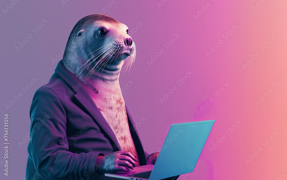 Aufkleber seal sealion in suit using a laptop while working on bright pastel background. advertisement. presen
