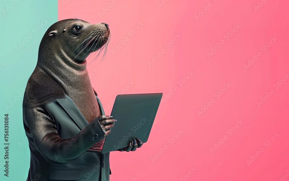 Aufkleber seal sealion in suit using a laptop while working on bright pastel background. advertisement. presen