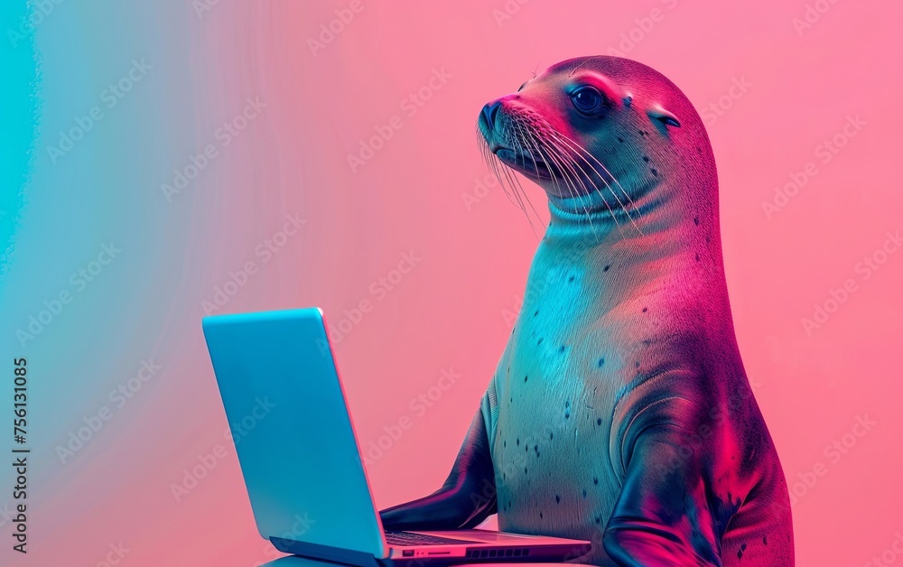 Aufkleber seal sealion using a laptop while working on bright pastel background. advertisement. presentation. 