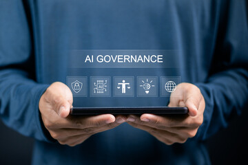 AI, Artificial Intelligence governance concept. Artificial intelligence law. Person showing Ai...