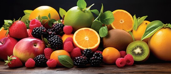 A variety of fruits and berries, natural foods rich in nutrients and flavor, are placed on a wooden table, ready to be used as ingredients in delicious recipes