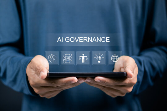AI, Artificial Intelligence governance concept. Artificial intelligence law. Person showing Ai governance icon on virtual screen for compliance, regulation, standard, AI policy and responsibility.